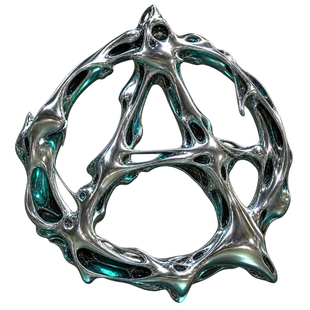 An anarchy symbol sculpted in flowing chrome with teal reflections