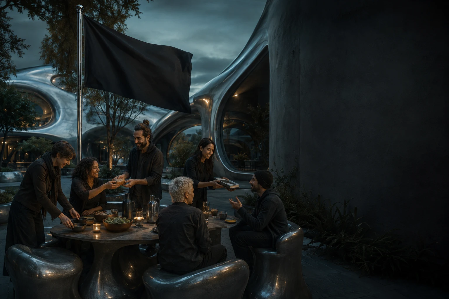 People sharing food, books, and conversation beneath a black flag in a courtyard with flowing chrome architecture